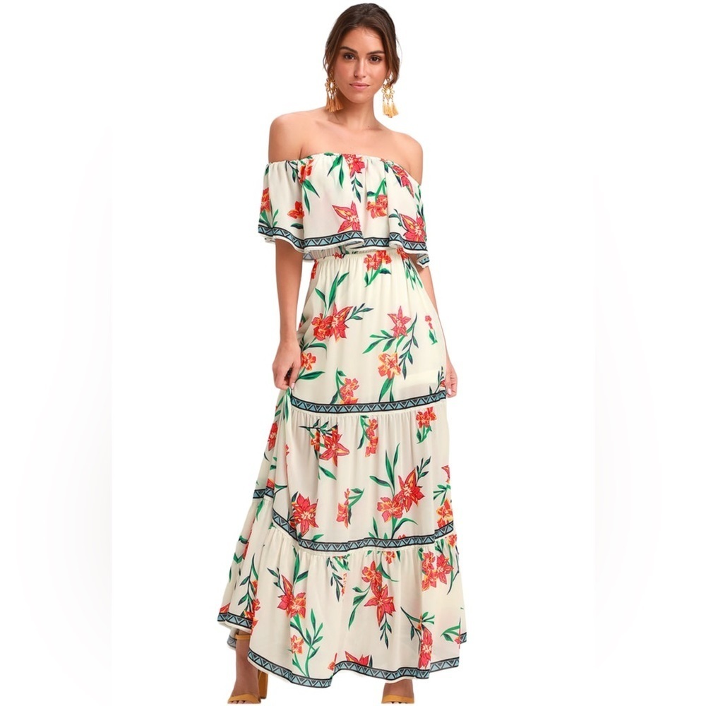 Lulu’s Cancun Cutie Ivory Floral Print Off-the-Shoulder Maxi Dress